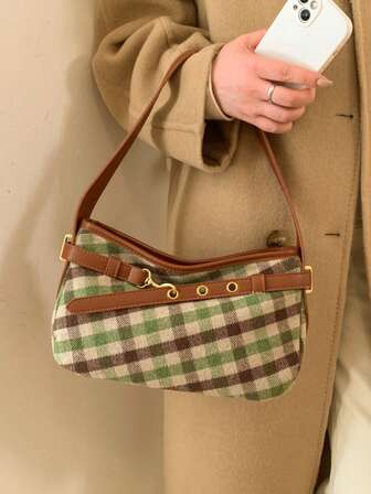 กระเป๋าสะพายไหล่ข้างเดียวหนัง PU ลายสก๊อตสไตล์คันทรี่พร้อมสายโลหะสำหรับผู้หญิง, กระเป๋าถือแฟชั่นพกพาสะดวก