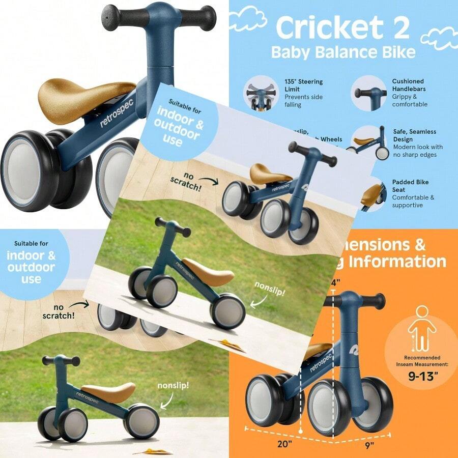 ASDRetrospec icleta de Equilibrio de Cricket para bebé con 4 Ruedas para Edades de 12 a 24 Meses Juguete de icleta para s de 1 año Juguetes de Paseo para s y niñas - Marino - Ver 1