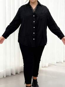 Women's Fall Plus Size Tops Button Down Stylish Lace Trim Solid Color V Neck Long Sleeve Blouse - màu đen - Xem 9