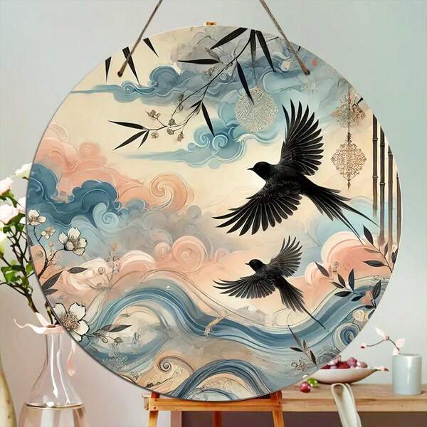 1pc Chinese Style Wooden Hanging Decor With Flying Black Bird And Floral Design Plaque, Home Wall Decoration, Porch, Yard Ornament