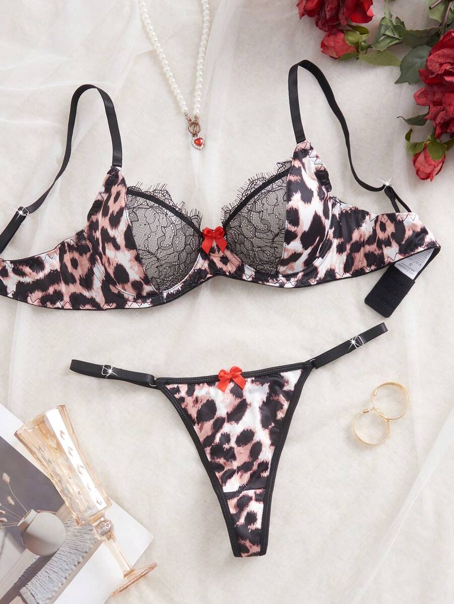 2 Peças Conjunto de Lingerie Sexy com Estampa de Leopardo, Renda e Laço Contrastante, Charme Maduro com Sutiã com Aro e Tanga Combinando, Adequado para Festa, Festival de Música, Passeios, Natal e Dia dos Namorados