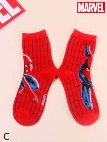 3 Pairs Marvel Superhero Spider-Man Design Sports Socks, Red Mid-Calf Socks, Cartoon Style, Unisex, Suitable For Spring, Summer, Autumn And Winter - Multicolor - View 10
