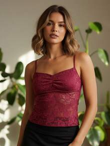 Women's Cami Tank Top Lace Sleeveless Ruched Solid Slim Fit Summer Casual Top - Burgundy - View 3