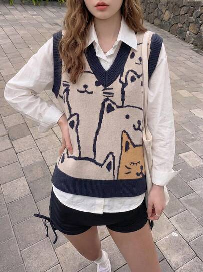 Rikumo 猫咪图案V领毛衣背心，休闲春秋冬款