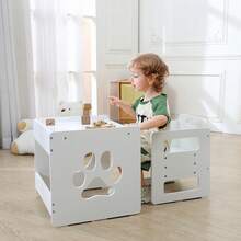 Kids Weaning Table And Chair Set, 3-Level Height Adjustable Chair & Activity Table With Fence, Step Stool, Natural Solid Wood Toddler Furniture For Mealtime Eating, Playing & Learning, Drawing - White - View 7