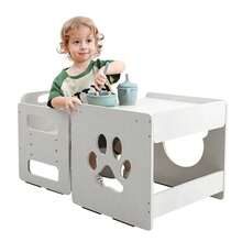 Kids Weaning Table And Chair Set, 3-Level Height Adjustable Chair & Activity Table With Fence, Step Stool, Natural Solid Wood Toddler Furniture For Mealtime Eating, Playing & Learning, Drawing - White - View 1