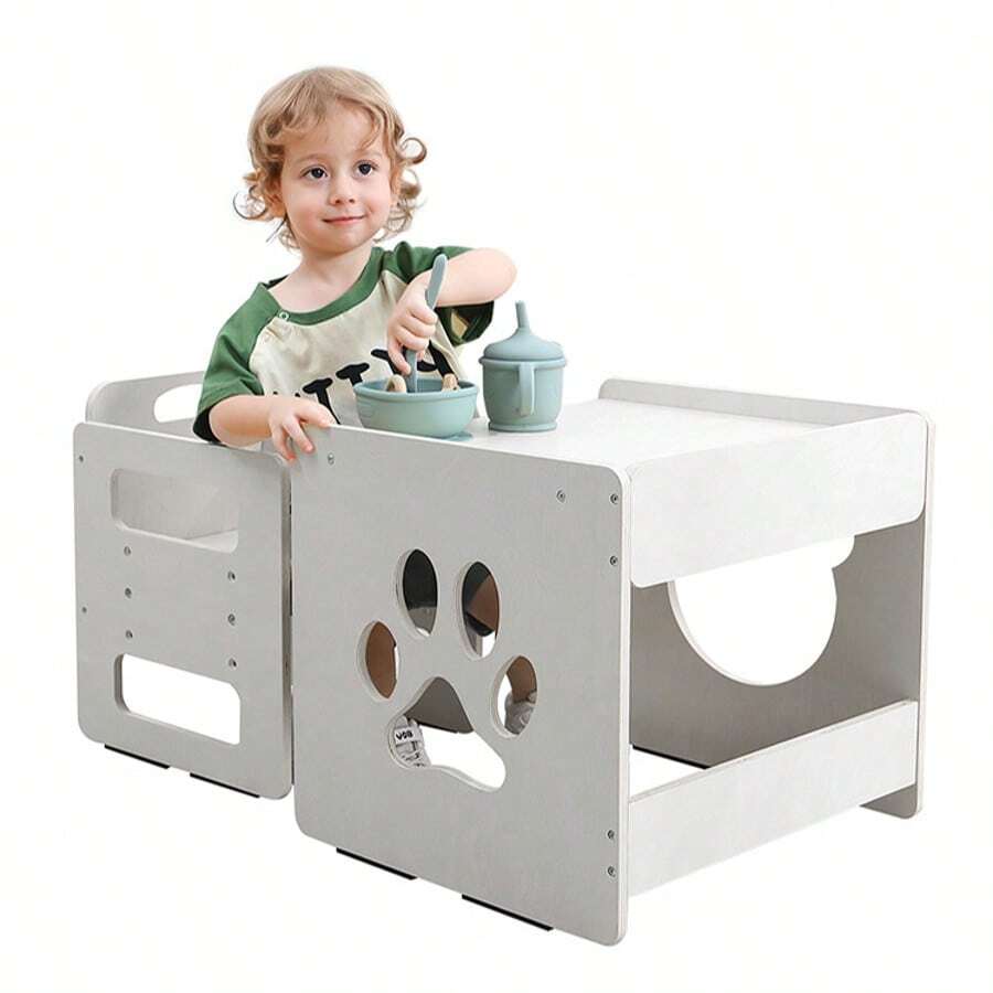 Kids Weaning Table And Chair Set, 3-Level Height Adjustable Chair & Activity Table With Fence, Step Stool, Natural Solid Wood Toddler Furniture For Mealtime Eating, Playing & Learning, Drawing - White - View 1