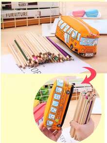 1pc Large Capacity Creative Public Transportation Theme Pencil Case, 6.5 * 19 * 6cm Canvas Zipper Pencil Box, Suitable For Office & School Supplies, Desktop Storage, Birthday Gift And Back To School Stationery - Yellow - View 8