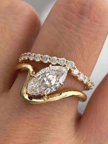 rundraw 1pc 2026 New Geometric Olive-Shaped Zirconia Multi-Layer Full Diamond Elegant Luxurious Copper Gold Women's Ring, Suitable For Dates, Weddings, Engagements, Parties, Anniversaries, Paired With Daily Outfits, Best Gift For Friends, Lovers, Valentine's Day, New Year - Gold - View 12