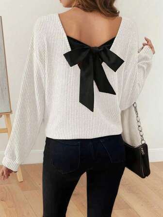 女士休闲撞色罗纹蝴蝶结装饰上衣，适合日常居家穿着，秋季款