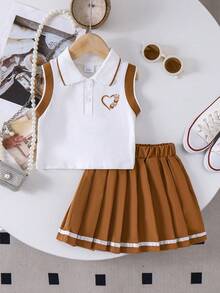 2pcs/Set Girls' School Style Heart Graphic Sleeveless Top And Pleated Skirt Outfit, Summer - White - View 2