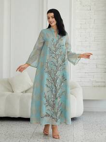 Solessence Đầm dài tay cổ đứng đính sequin sang trọng, màu xanh nhạt thanh lịch, thích hợp cho công sở và dự tiệc mùa xuân. - NC90 - Xem 7