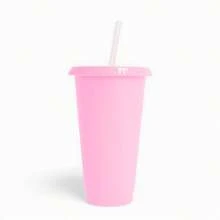 PromoClick Paquete de 10 Vasos de plástico transparente con tapa traslúcida. (Incluyen popote) Cap. 700 ml - Rosa Pálido - Ver 3