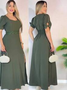 Elegant Long Dress With Detail On The Sleeve. - 軍綠色 - 查看 2