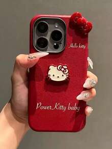 Sanrio 1个红色皮革纹理卡通3D三丽鸥Hello Kitty蝴蝶结TPU防震保护手机壳，兼容 11/12/13/14/15/16/17/Pro Max - 紅色 - 查看 2