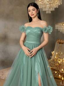 Alisa&Leo Teen Girls' Tulle Evening Gown - Off-Shoulder Cross Pleated Design With Fluffy Floral Accents, Strappy Back Strap & Tulle Skirt Overlay For School Balls, Birthday Parties, And Youth Formal Events - Green - View 6