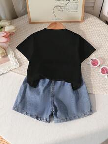 2pcs/Set Girls Cute Round Neck Bow Print Top + Fashionable Embroidered Bow Skirt Pants Set