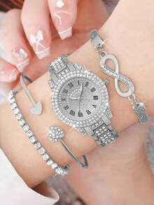 4件套女士时尚休闲石英表，罗马数字表盘，水钻点缀，圆形指针，包含珠宝配件和8字形手链，适合作为母亲节、教师节、感恩节、毕业典礼、生日礼物 - 彩色 - 查看 9