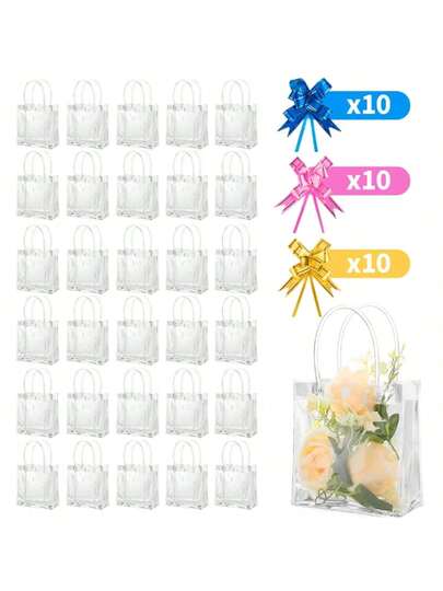 5个创意PVC手提糖果袋，尺寸20x8x20厘米，配有彩色丝带和拉花装饰，非常适合日常礼品包装/小型市场包装/精品店礼品包装，手工质感，时尚设计