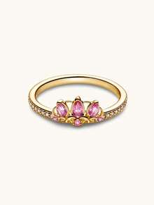 1 Pc Gold Ring Jewelry, Pink Gemstone Crown Design Style, Luxurious And Generous Ring, Suitable For Ladies' Weddings, Banquets, And Girls' Daily Life Decoration Gifts - 金黃色 - 查看 4