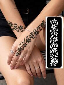 Hana Hand Drawn Tattoo Hollow Template Minimalism Hana Bride Elegant Lace Mandala Flower Pattern Sticker Suitable For Hands, Feet, Shoulders, Neck, Collarbone Semi Permanent Fake Tattoo Sticker 1 Pack