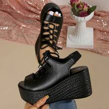 女士厚底系带凉鞋，沙滩/运动交叉绑带，舒适轻便，适合度假、春夏、旅行必备 - 黑色 - 查看 3