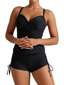 Bikini de Mujer de 2 Piezas Top Tipo Tankini con Shorts Deportivo,Escote en V,Tirantes Ajustables,Abdomen,Traje de Baño para Playa - Negro - Ver 5