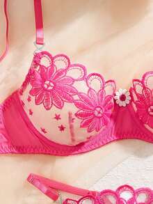 2pcs Spaghetti Strap Embroidered Semi-Sheer Alluring Underwire Lingerie Set, Romantic, Sexy, Fashionable New Style For Valentine's Day - Hot Pink - View 4