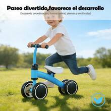 Bicicleta de equilibrio infantil 4 ruedas correpasillos para bebé 1-3 años triciclo para interior y exterior, asiento y manillar ajustables, ruedas silenciosas antideslizantes, regalo para niña y niño - Azul - Ver 3