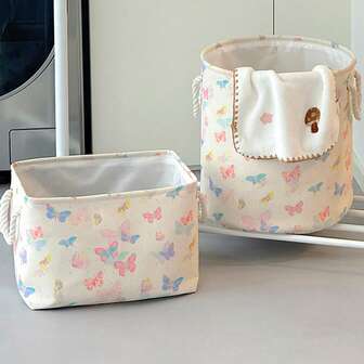 OYHOMO Tvättkorg med fjärilsdekor, förvaringskorg i krämfärgat tyg, tvättkorg för flickor, hopfällbar tvättkorg, förtjockad kanvasorganiseringskorg för förvaring av leksaker, kläder, filtar etc.