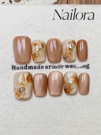 10pcs Handmade Nails Square Nails Press On Nails Medium, Gentle Orange Nails, Flashy Cateye, Smudge Gradient Gold Foil Irregular Glitter Powder, Simple Elegant Luxury Autumn Nails, Minimalist Aesthetic Fall Press On Nail, Versatile Nails DIY False Nail Art Party Daily & Dating Suitable Use In Work Setting Reusable, For Women & Girls As Gift Nail Supplies