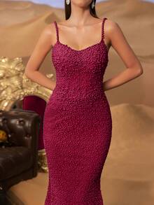 Faeriesty Đầm dạ hội dáng đuôi cá sang trọng với dây đeo mảnh và đính ngọc trai, thích hợp cho các buổi tối trang trọng và tiệc tùng | Tiệc tùng, đám cưới, thảm đỏ, tiệc sang trọng mùa xuân - Màu Đỏ Sâu - Xem 1