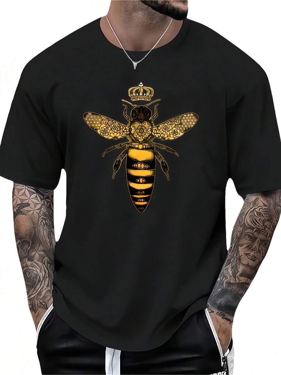 Men Black T-Shirt With Print Graphic Short Sleeve Round Neck Casual Shirt Season Wear Machine Washable Bee Themed Apparel