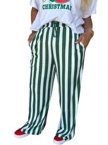 Women Y2k Striped Long Pants Bow Tie Side Slit Wide Leg Lounge Pants Gingham Bottom Plaid Checkered Sweatpants - Grön - Visa 3