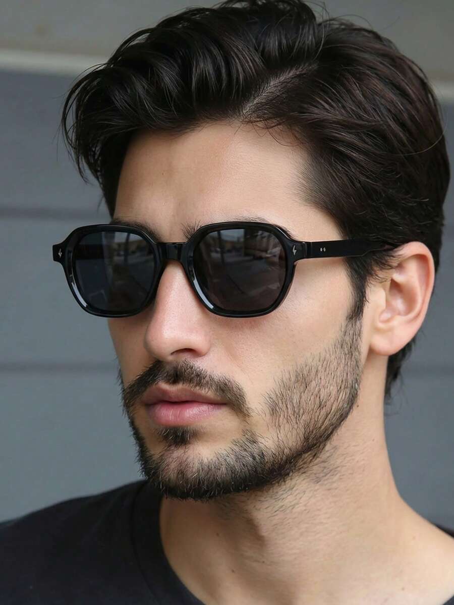 1 par de gafas de hombre con montura cuadrada de PC negra, unicolor minimalista, remaches, de moda y versátiles - Negro - Ver 1