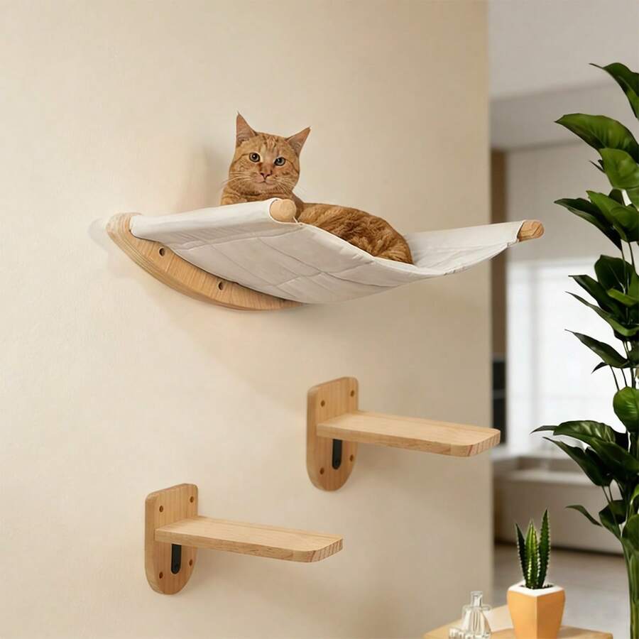 3PCS Cat Wall Shelves, Wall Mounted Cat Perch And 2 Cat Steps, Wooden Cat Hammock, Cat Tree - 薑色 - 查看 1