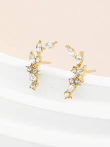 1 Pair Delicate Small Rhinestone Wheat Ear Studs, Minimalist Niche Design Earrings, Fashionable & Elegant Accessory - Gold - View 6