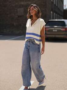 Áo dệt kim mùa hè phong cách retro dành cho nữ: Cổ chữ V, họa tiết sọc và xẻ tà bên hông, dáng rộng không tay - Trang phục thường ngày đa năng. - Màu Khaki - Xem 3