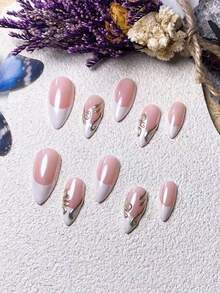 10片手工杏仁白法式金不对称3D线条精致简约时尚假指甲美甲用品 - 彩色 - 查看 5