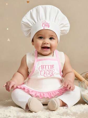 Baby Pink Embroidered Chef Photography Costume, White Chef Coat With Pink Trim Apron Set, Infant/Toddler Unisex Photo Shoot Outfit