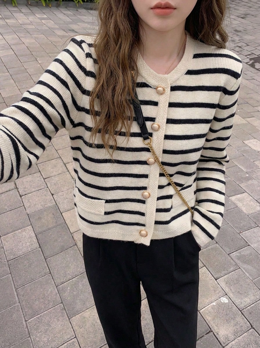 Rikumo Áo khoác cardigan nữ dáng dài kẻ sọc cổ điển, thích hợp mặc mùa thu/đông, tay dài. - Màu be - Xem 1