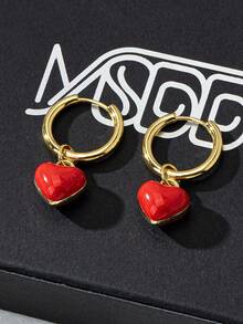 两对双面心形耳环，适合女性日常约会、度假、婚礼、各种节日、毕业典礼、学生礼物、返校礼物、教师礼物等场合佩戴，不含包装盒。 - 紅色 - 查看 3
