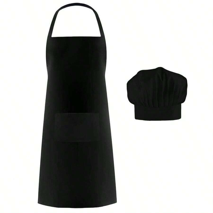 涤纶厨师围裙和厨师帽套装，前口袋设计，弹性头带，适合烹饪、烘焙、绘画等活动 - 也适用于万圣节、感恩节、圣诞节派对用品 - 套装 - 彩色 - 查看 1