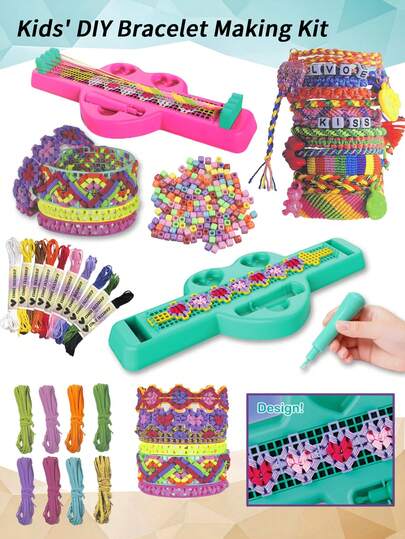 二合一女孩手链及绳编3D立体编织套装 - 字母串珠手链，含DIY字母吊坠。此套装包含可定制的字母吊坠、手工编织和缝纫线，以及时尚的手链编织工具。