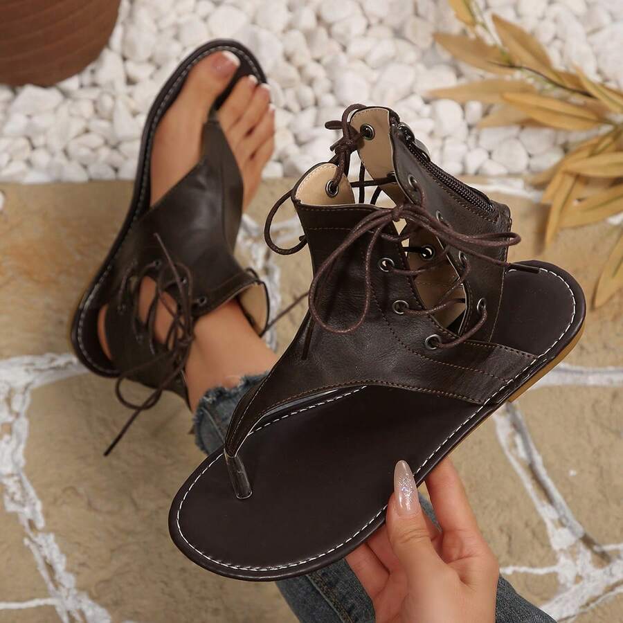 Women's Fashion Flat Thong Lace-Up Back Zipper Low Heel Roman Sandals - Brown - View 1
