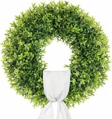 22 Inch Artificial Boxwood Wreaths For Front Door, Summer Door Wreath With Sash, Spring Green Wreath Weatherproof For Wall Window Porch Farmhouse Wedding Decor All Year Round Indoor Outdoor - 綠色 -22 英寸 - 查看 1