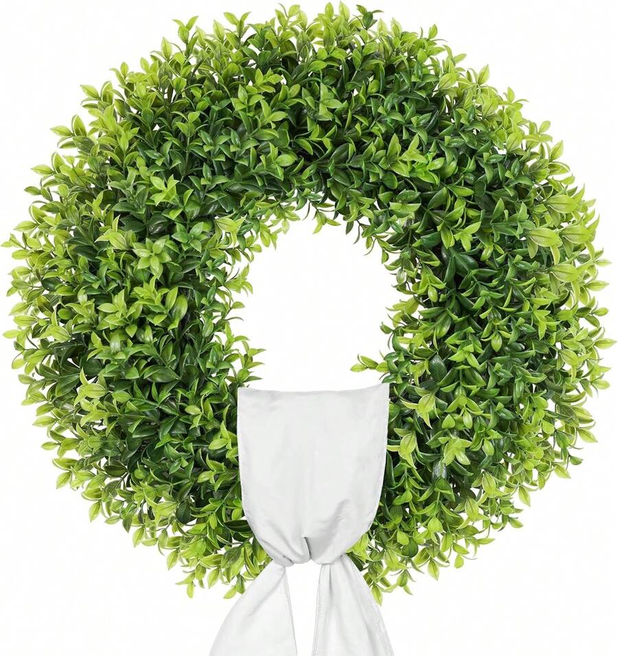 22 Inch Artificial Boxwood Wreaths For Front Door, Summer Door Wreath With Sash, Spring Green Wreath Weatherproof For Wall Window Porch Farmhouse Wedding Decor All Year Round Indoor Outdoor - 綠色 -22 英寸 - 查看 1