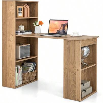 Reversible Computer Desk With Bookshelf Writing Study Workstation W/Storage Shelves And CPU Stand Modern Computer Table W/Large Desktop For Home And Office Space-Saving Design Natural