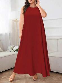 Vestido casual y elegante de verano para mujer de talla grande, de unicolor, cuello redondo y sin mangas, holgado - Rojo - Ver 2