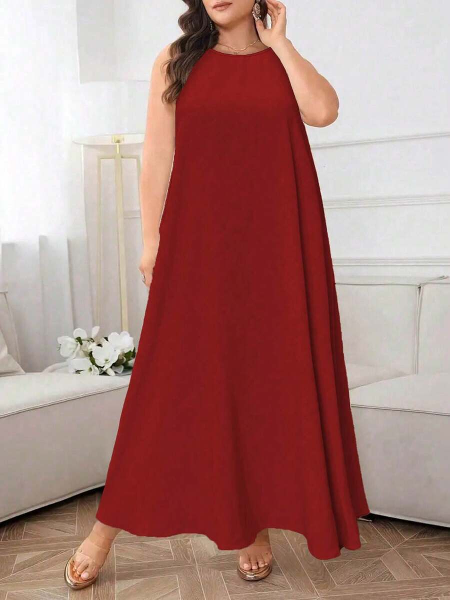 Vestido casual y elegante de verano para mujer de talla grande, de unicolor, cuello redondo y sin mangas, holgado